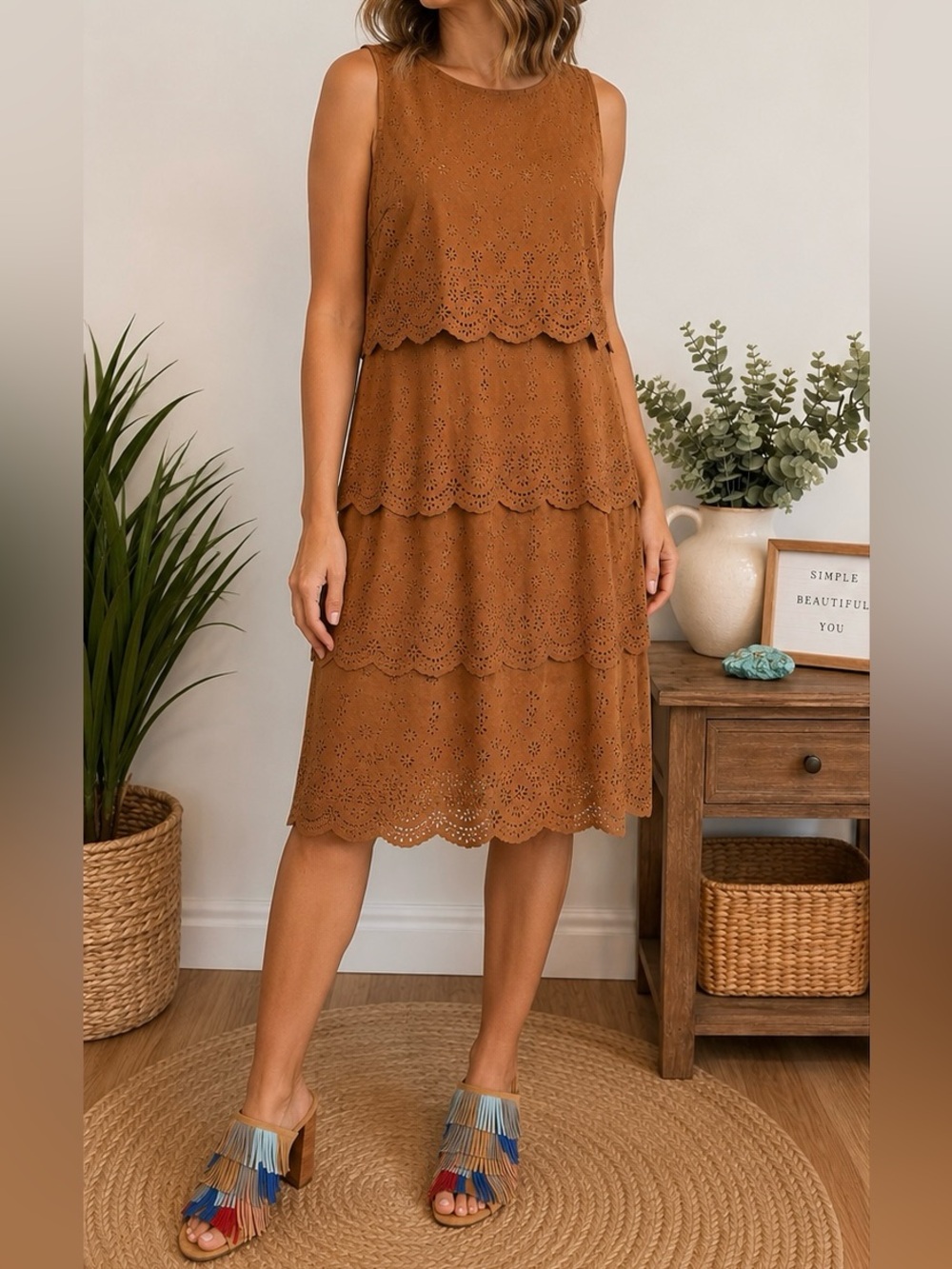 Boutique Faux Suede Eyelet Tiered Shift Dress Camel Brown Size 14